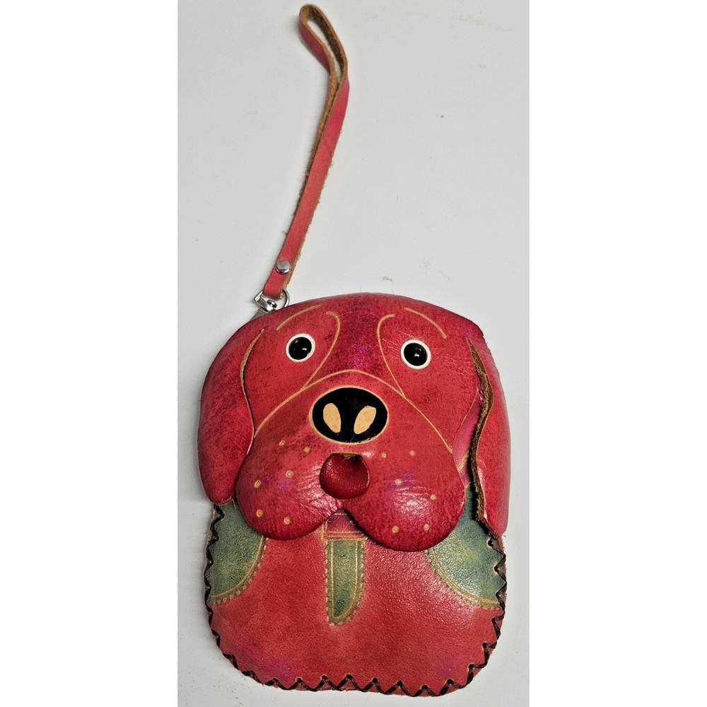 Leather Dog small purse wristlet 7" handmade 5.5" H x4" leather dimensional